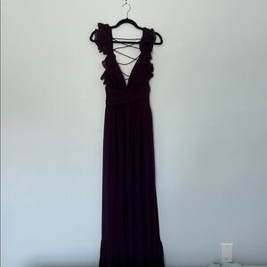 Lulu's Plum Ruffle-Shoulder Maxi Dress with Lace-Up Back